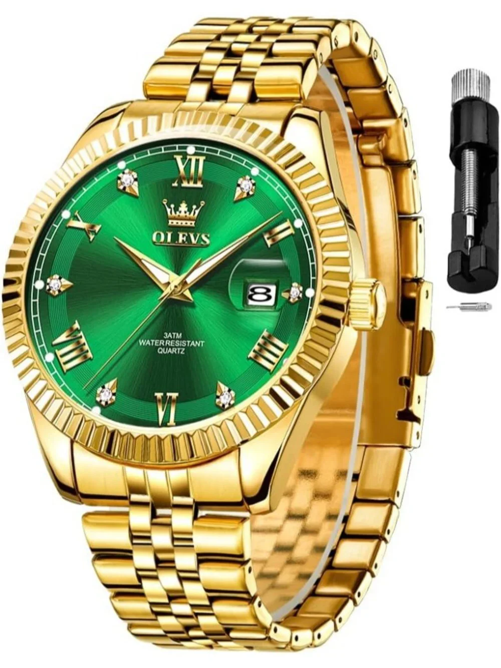 Men's Green Two Tone Diamond Classic Analog Stainless Steel Waterproof Watch